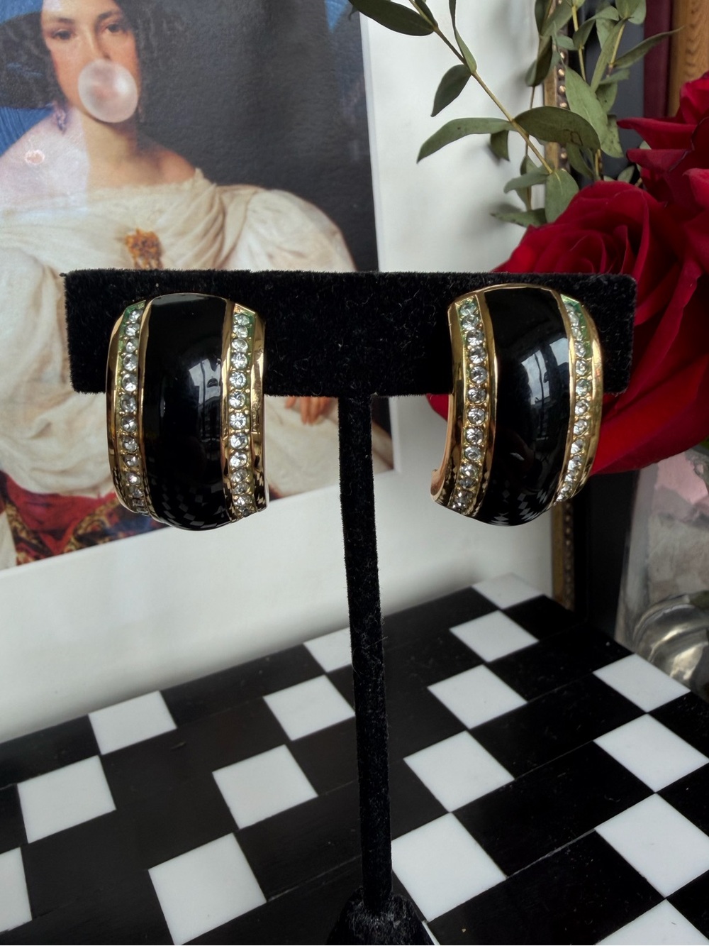 Christian Dior Vintage Crystal Enamel Half Hoop Earrings
